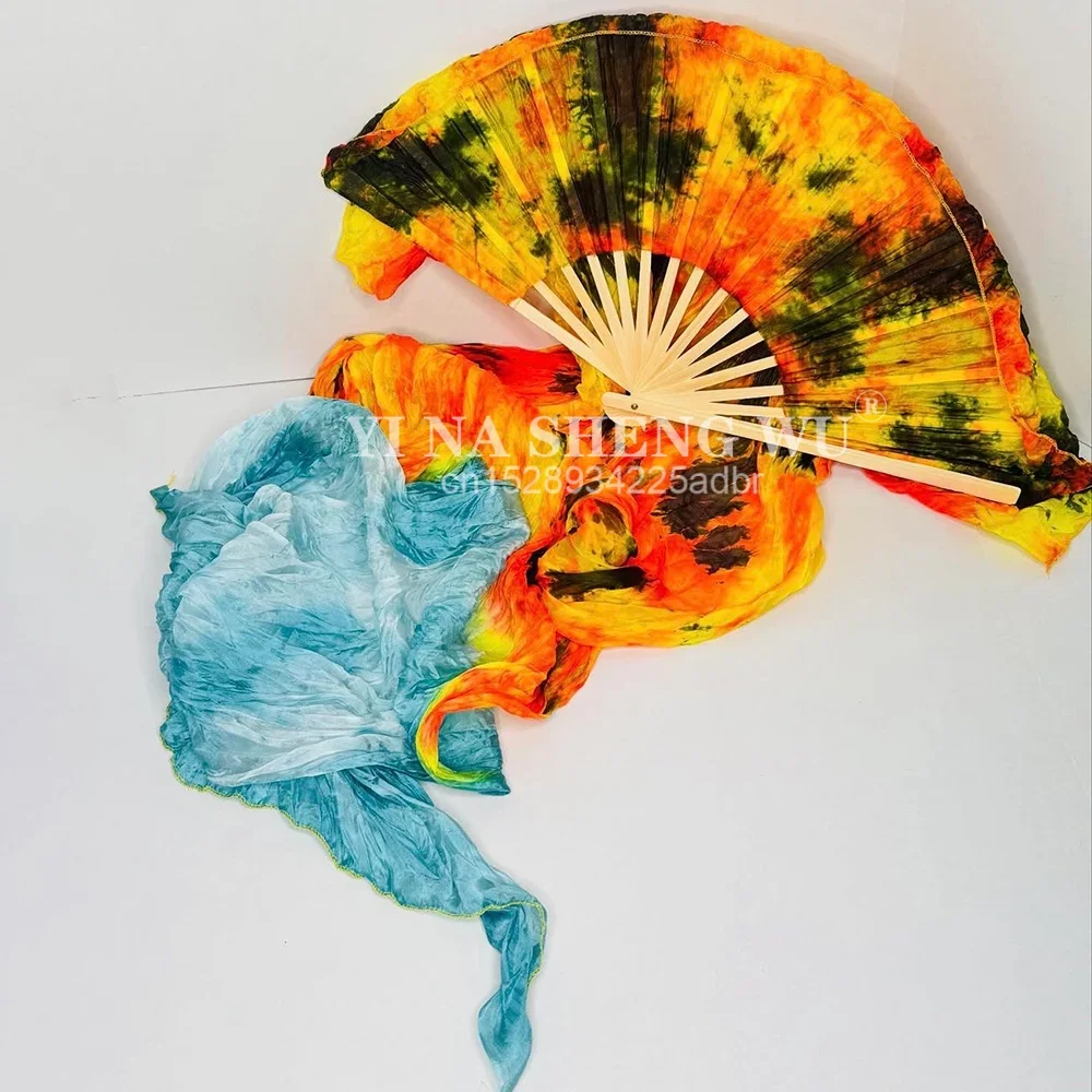 1 Pair Silk Belly Dance Fan Veil Set Women's Bamboo Long Fans with Tie-Dye Props for Performance Praise Dancing Left Right Hand