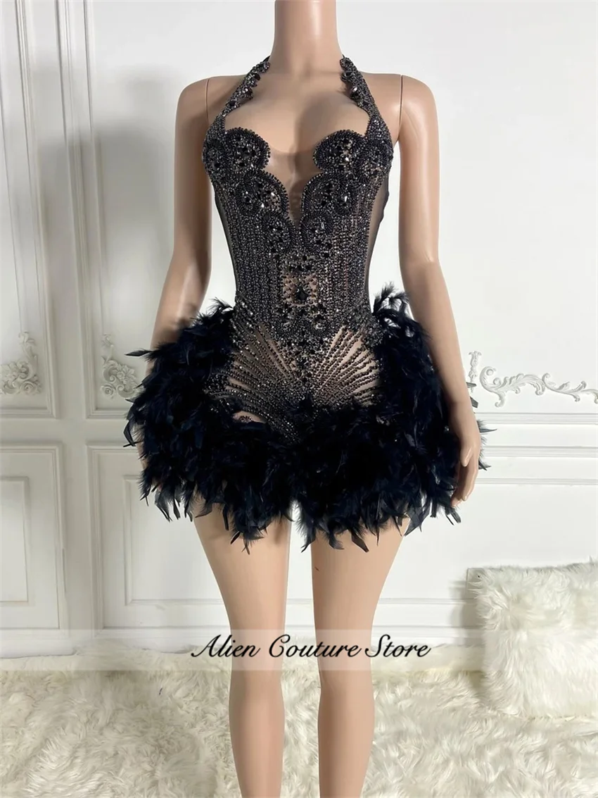 Glitter Black Crystal Short Prom Dress For Black Girl Homecoming Senior Cocktail Dress Birthday Party Gown Feathers Customized