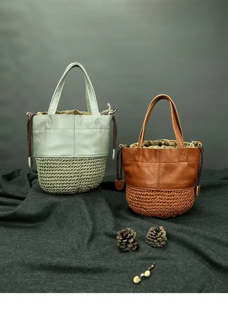 Genuine Leather Handmade Wax Rope Woven Women\'s Bag First Layer Cowhide Single Shoulder Messenger Small Bag Portable Bucket Bag