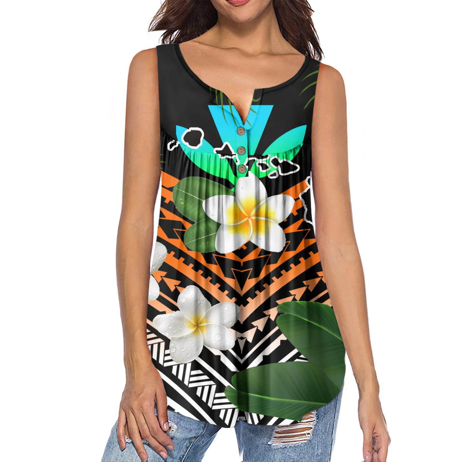 

Samoan Print Hibiscus Flower Top Sexy Sleeveless Tank Tops Women Summer Loose Casual Button V-Neck Sleeveless Blouse Shirt