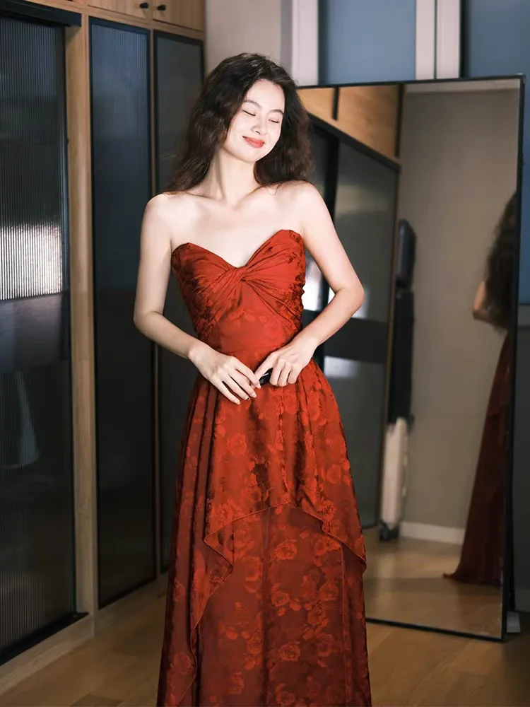 

New Chinese Sle Off-oulder Red Embroidered Wedding Dr Long Evening Gown for Bridal ower Return Home Wedding Banquet