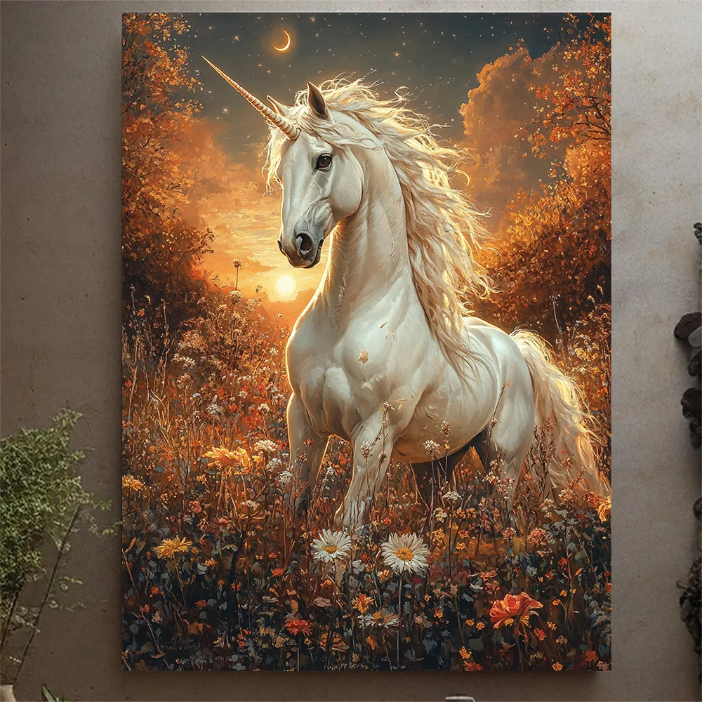 (No frame)1pc Celestial Unicorn Canvas Wall Art, 12x16inch Gorse Painting with Wooden Frame, Mythical Pegasus Horse Decor, Fa