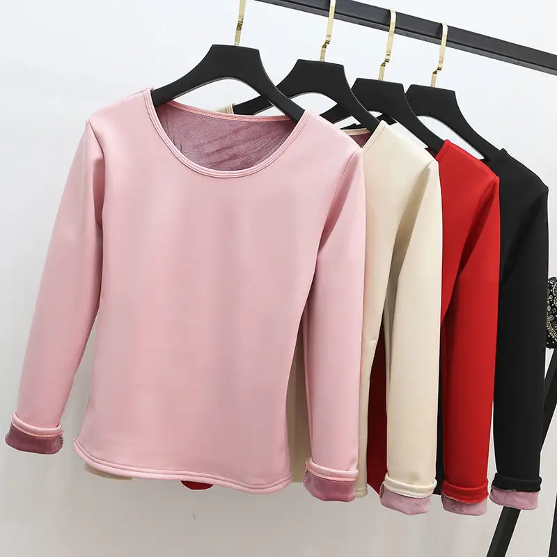 Winter Warm  Round Neck T-Shirt Thick Fleece Thermal Underwear Long Sleeve Basic Solid Warm Autumn Bottomed Blouse