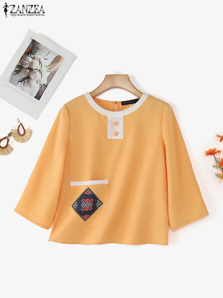 เสื้อผู้หญิง ZANZEA สไตล์วินเทจ พิมพ์ลาย มีกระเป๋า เสื้อเชิ้ตแขน 3/4 แฟชั่นปี 2025 สไตล์เกาหลี เรียบหรู เหมาะสำหรับใส่ทำงาน