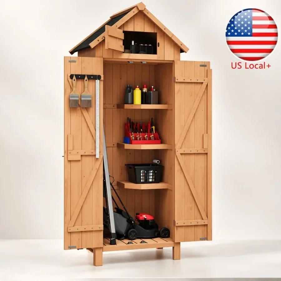 Wooden Outdoor Storage Cabinet for Backyard Balcony, Natural Wood Tone, Weather-Resistant Finish, Space-Saving Tool Organizer