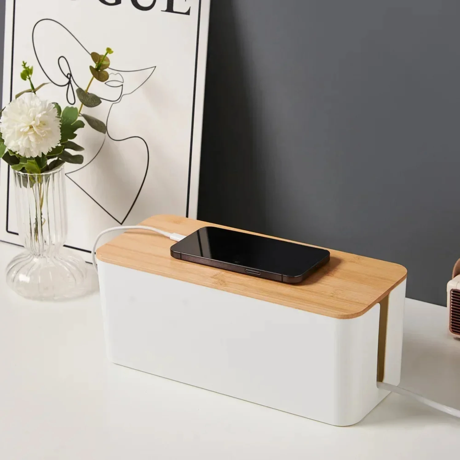 Wire Box with Creative Bamboo Wood Cover for Power Cord Charger, Simple Cable Management Box  Box. Waterproof box electrical