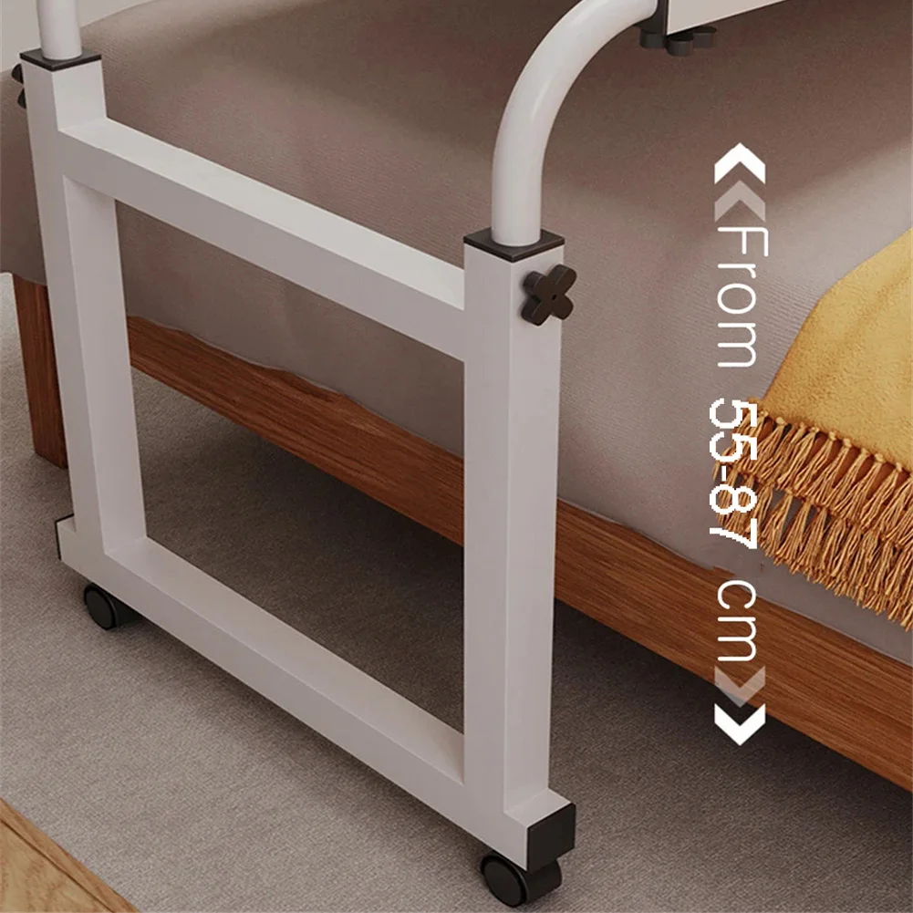 طاولة فوق السرير بعجلات، طاولة فوق السرير قابلة للتعديل مع 4 عجلات قابلة للقفل، طاولة كمبيوتر محمول بتصميم حافة منحنية