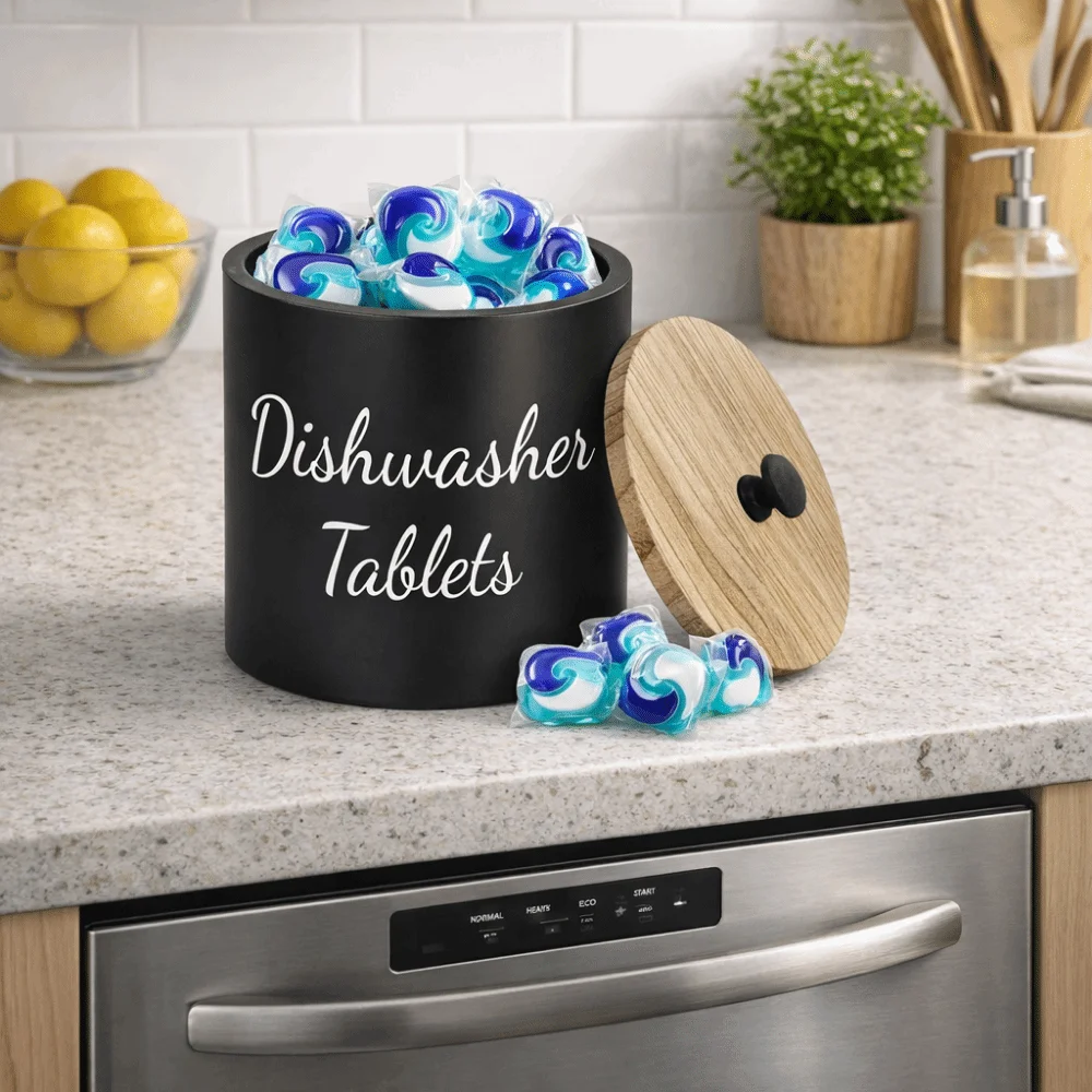 Wood Dishwasher Tablet Container Wide Opening Large Capacity Dishwasher Pod Container Sealed Round Laundry Detergent Case