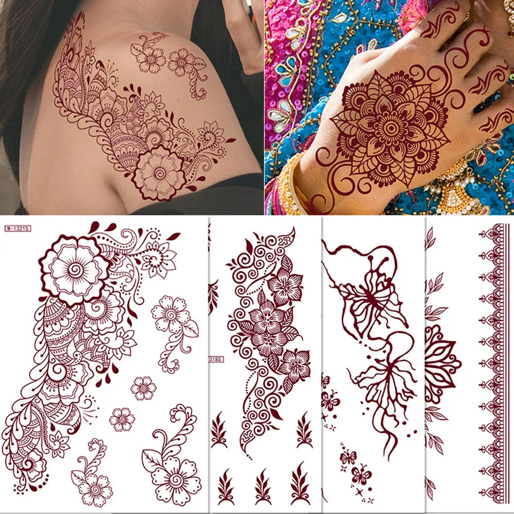 Temporary Fake Tattoo Red Lace Henna Tattoo Stickers For Women  Flower Waterproof Brown Finger Hand Tattoo India Mehndi Design