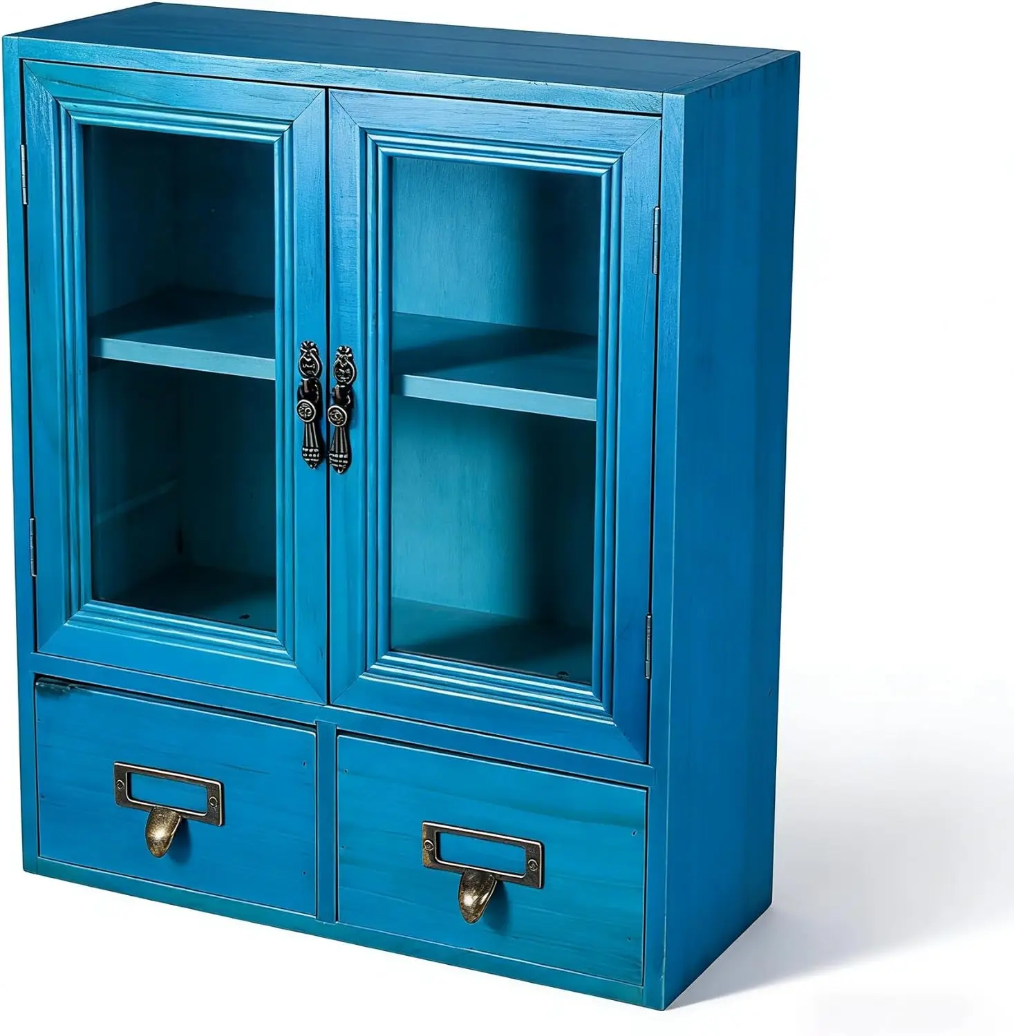 

Rustic Vintage Mini Wood Cabinet with Glass Door, Wall Storage Display Case for Countertop Floating Shelf Organization, Blue