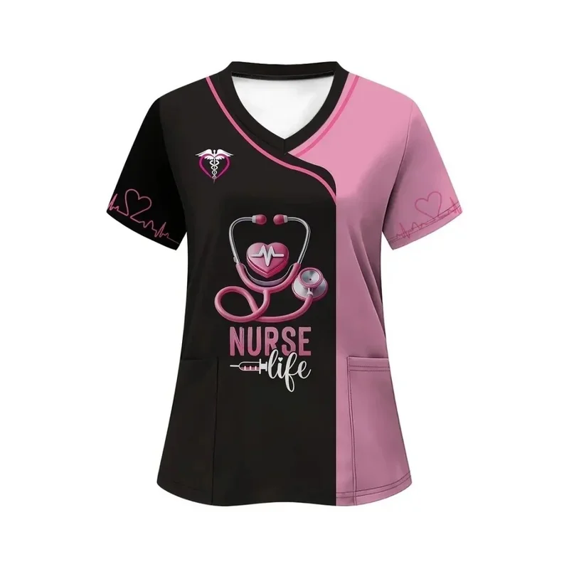 Summer short-sleeve cartoon printVWomen's Medical Workwear for Nurses, Dental Clinic White Coat with Pockets, Surgical Gown
