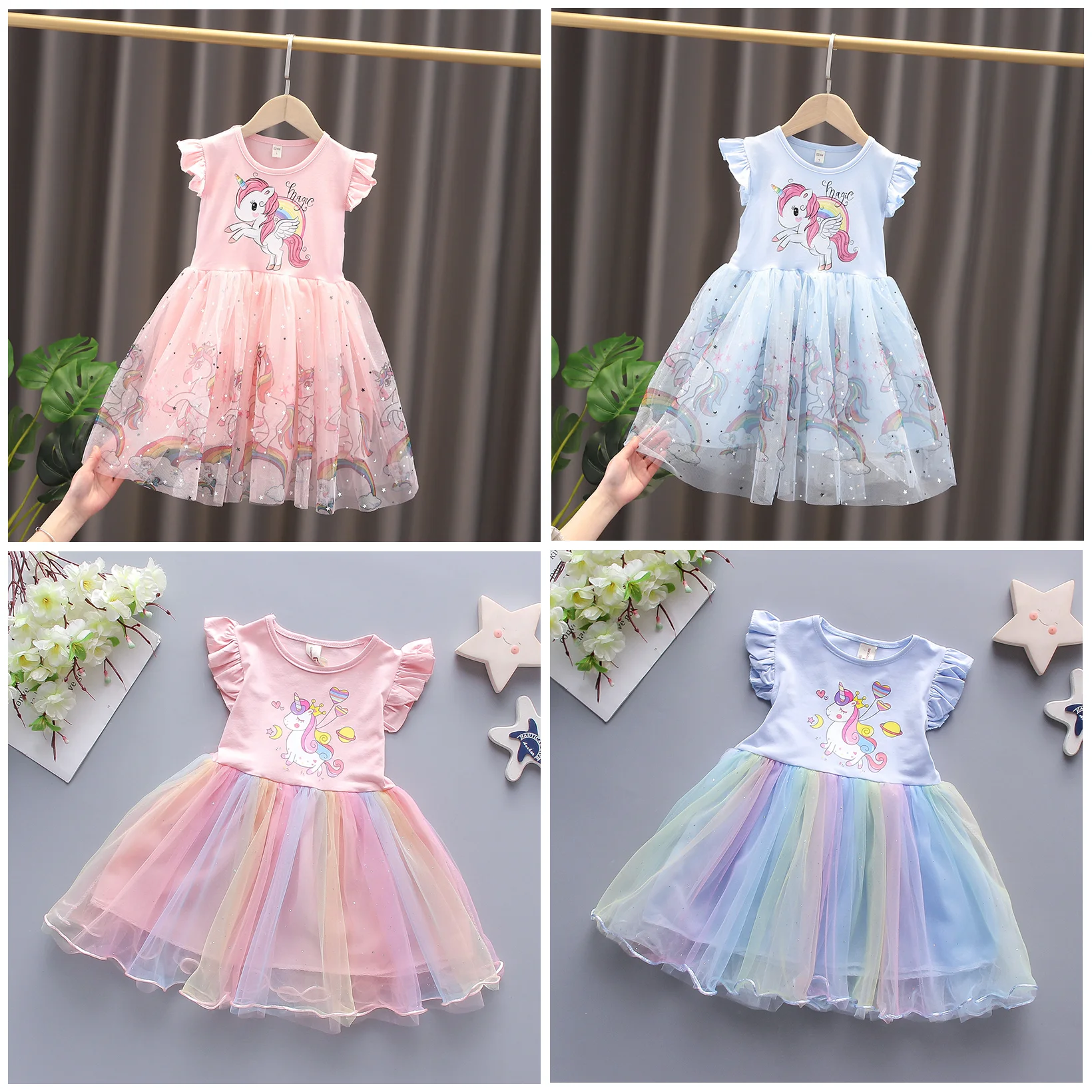 

Summer Princess Unicorn Party Dress for Girls with Flying Sleeves Children's Clothing 3-8 Years Old Baby Dresses