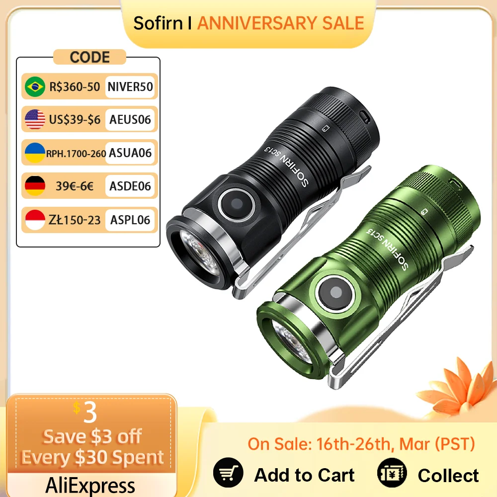 Sofirn Mini SC13 SST40 LED 1300lm Tactical 18350 Rechargeable Flashlight 6000K Keychain Emergency Torch Led Light with Magnetic