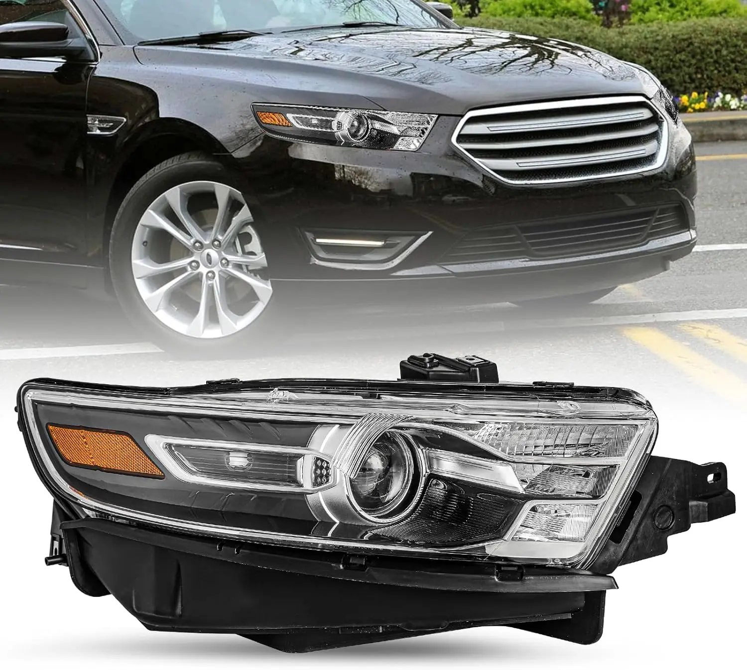 

Headlight Assembly Pair for 2013 2014 13 14 Ford Taurus [Factory Halogen Type] Headlamp Passenger Side Black Housing with Amber