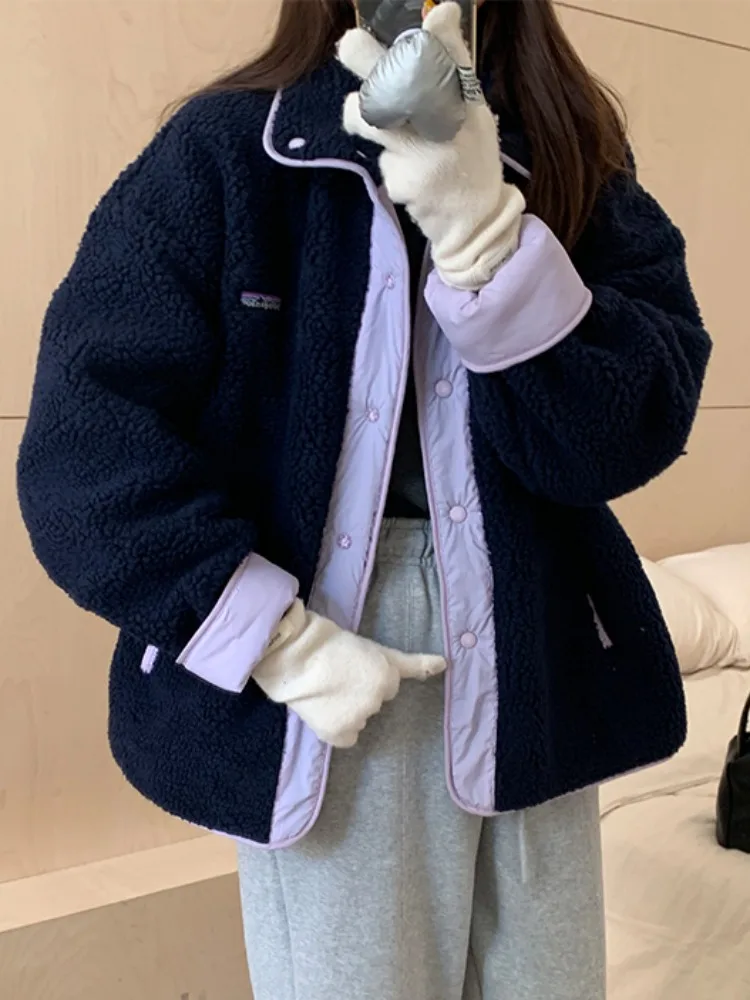 

Шикарная осенне-зимняя хлопковая куртка из меха ягненка, женская свободная длинная куртка с отложным воротником свека, двусторонний дизайн, универсальная верхняя одежда