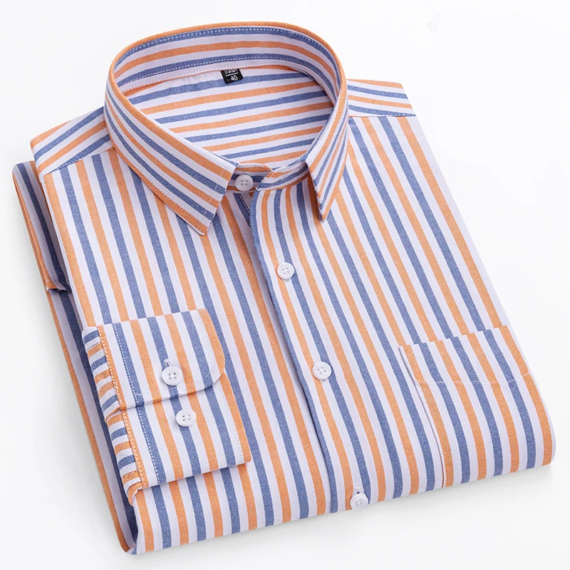 Oversize S~11XL New Men\'s Shirt Long Sleeve 100% Pure Cotton Oxford Shirts Striped Regular Fit Casual Soft Male Blouse Clothing