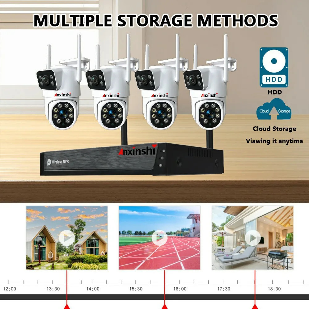 

4ch 4mp PTZ Camera Dual Lens Dual Screen Wireless OutdoorCamera Artificial Intelligence Detection WIFI Security Camera Kit