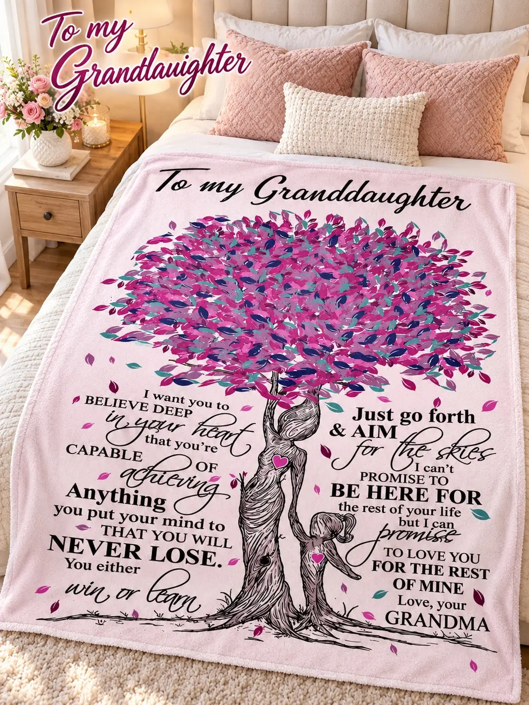 Granddaughter Family Tree Flannel Blankets & Throws Quote Gift From Grandma Birthday Christmas Thanksgiving Anniversary Bed Sofa Couch Bedroom Living Room Nap Reading Travel Camping Home Decor Office Dorm Picnic Holiday College Recliner Lounge