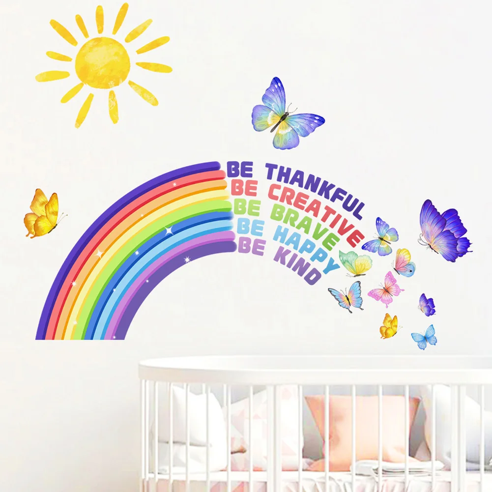 

Cartoon Rainbow English Butterfly Wall Sticker For Kids Room Decoration Wallpaper Bedroom Background Decor Self-adhesive Decals