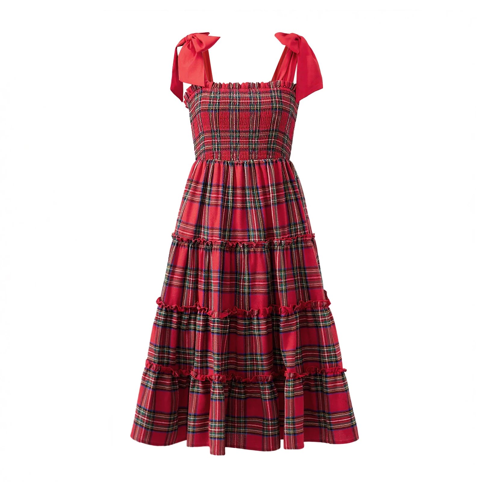 Damen-Kleid mit Batikmuster, stilvolles, kariertes, gesmoktes, ärmelloses, langes A-Linien-Kleid mit Rüschenbesatz