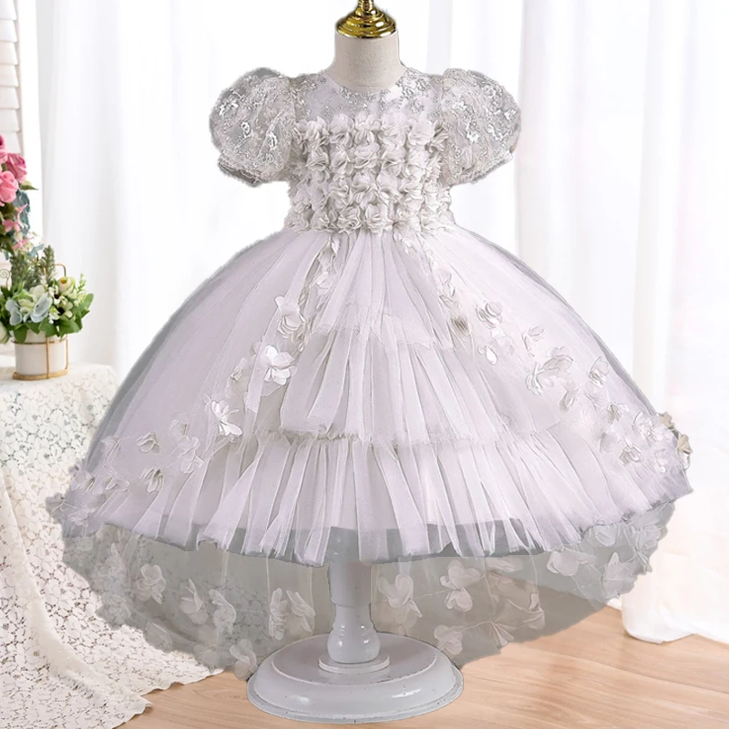 Modisches Mädchen-Sommerkleid mit Spitze und Netzstoff für Klavierauftritte, Prinzessinnenkleid mit süßer Schleife und Pailletten