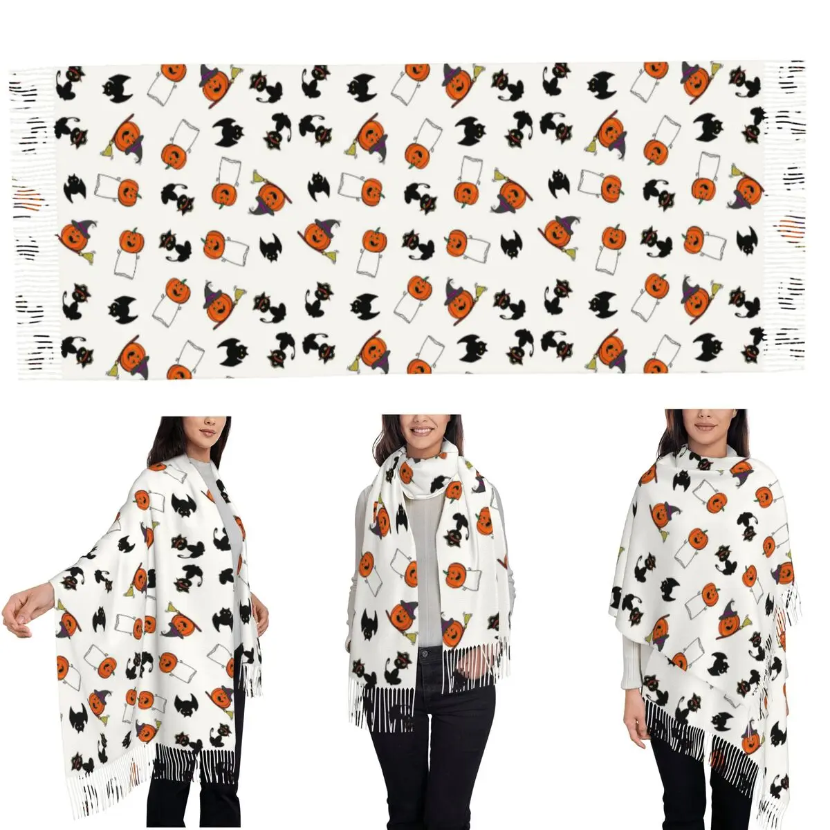 Witch Black Cat Pumpkin Halloween Pattern Scarf Tassel Scarves Women Soft Warm Shawls and Wraps Large Fall Winter Shawl Wrap