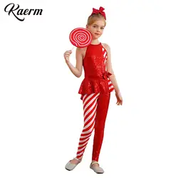 Kids Girls Christmas Costume Sleeveless Split Back High Waist Striped Sequin Ribbon Bow Bodysuit Pants Christmas Stage Outfits