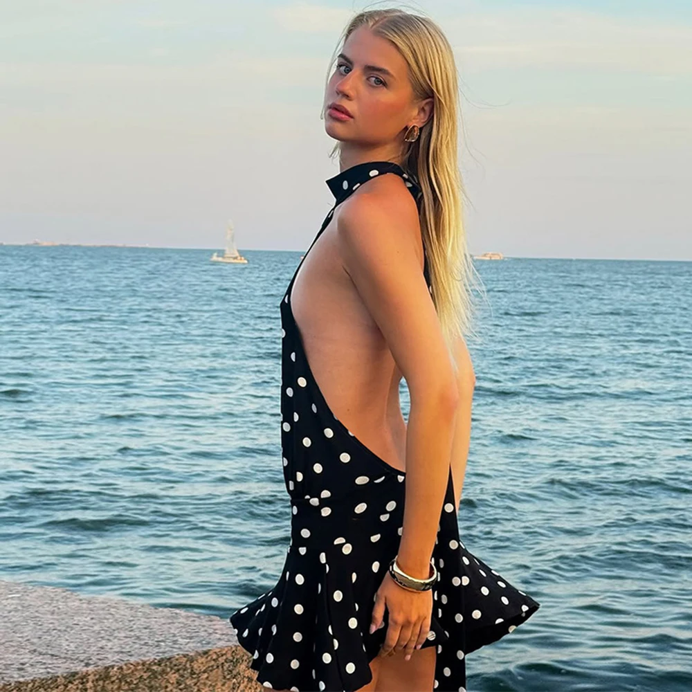 

Ticketsx Polka Dot Mini Dress Sexy Lace Up Halter Neck Backless Contrast Ruched Dress Fashion New Party Clubwear Vacation Dress