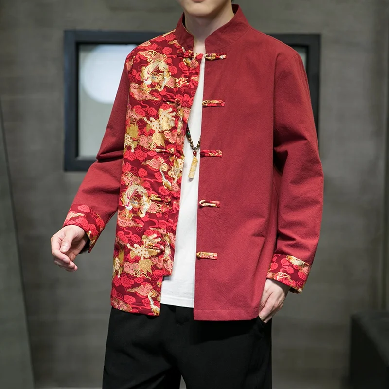 

Autumn Winter Men's Cotton Linen Long Sve Jaet New Chinese Sle Tang Costume Hanfu Large Size Linen Coat Stand Collar