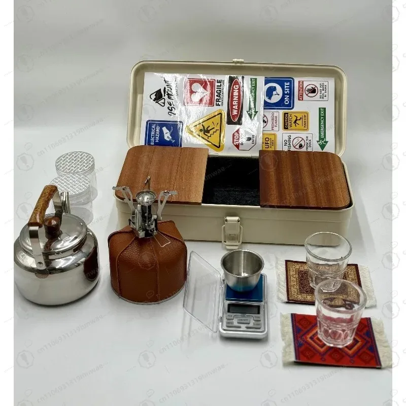 

Metal Toolbox, Suitcase, Storage Box with Stickers, Portable Toolbox with Tea Set, Toolbox with Kettle, Cup and Stove.