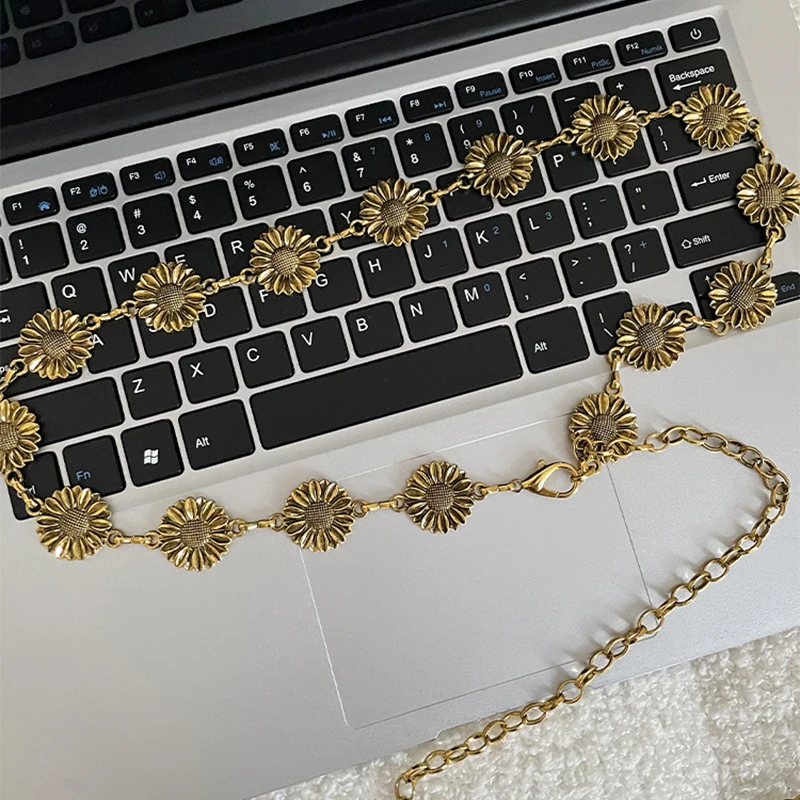 Vintage Women Waist Belt Female Metal Sunflower Chain Belt Tassel Waist Chain Girls Dress Jeans Decorative Belt Body Jewelry