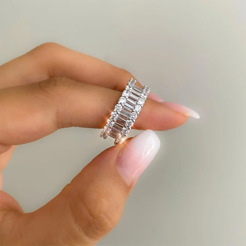 2024 anillo de lujo rosa verde plata color Baguette corte eternidad para mujer boda regalo del Día de San Valentín joyería R4575