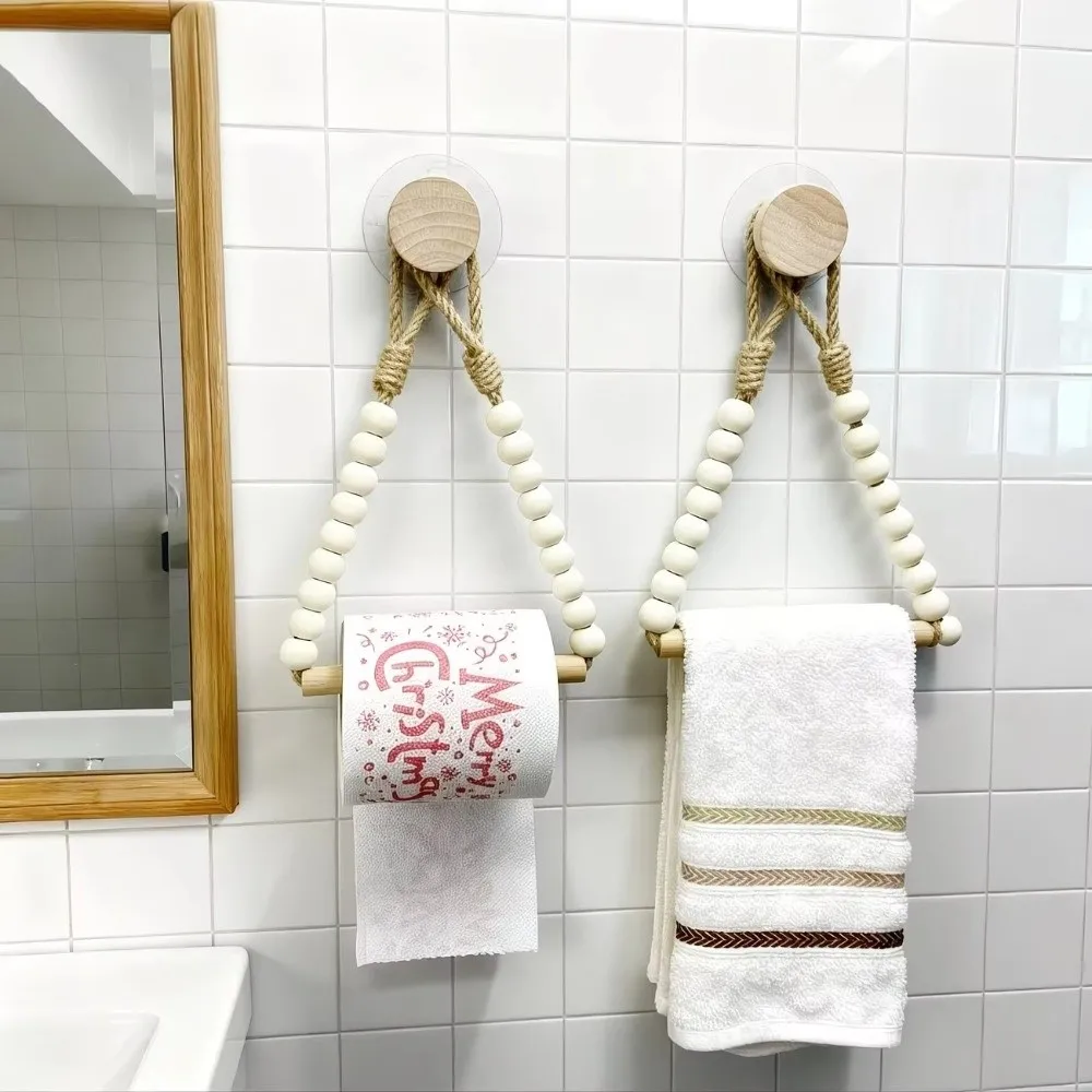 Punch-Free Toilet Paper Holder Hemp Rope Design Wooden Balls Accent Roll Paper Dispenser Adhesive Installation Rustic Style