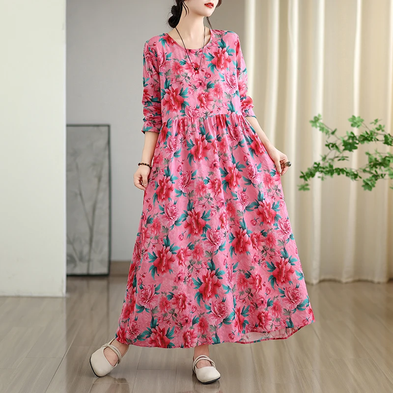 Frühherbst Blumendruck Vaion Sle Travel rund Ne Retro Lang Dr Baumwolle Leinen Material Roter langer Rock Lässig Süß...