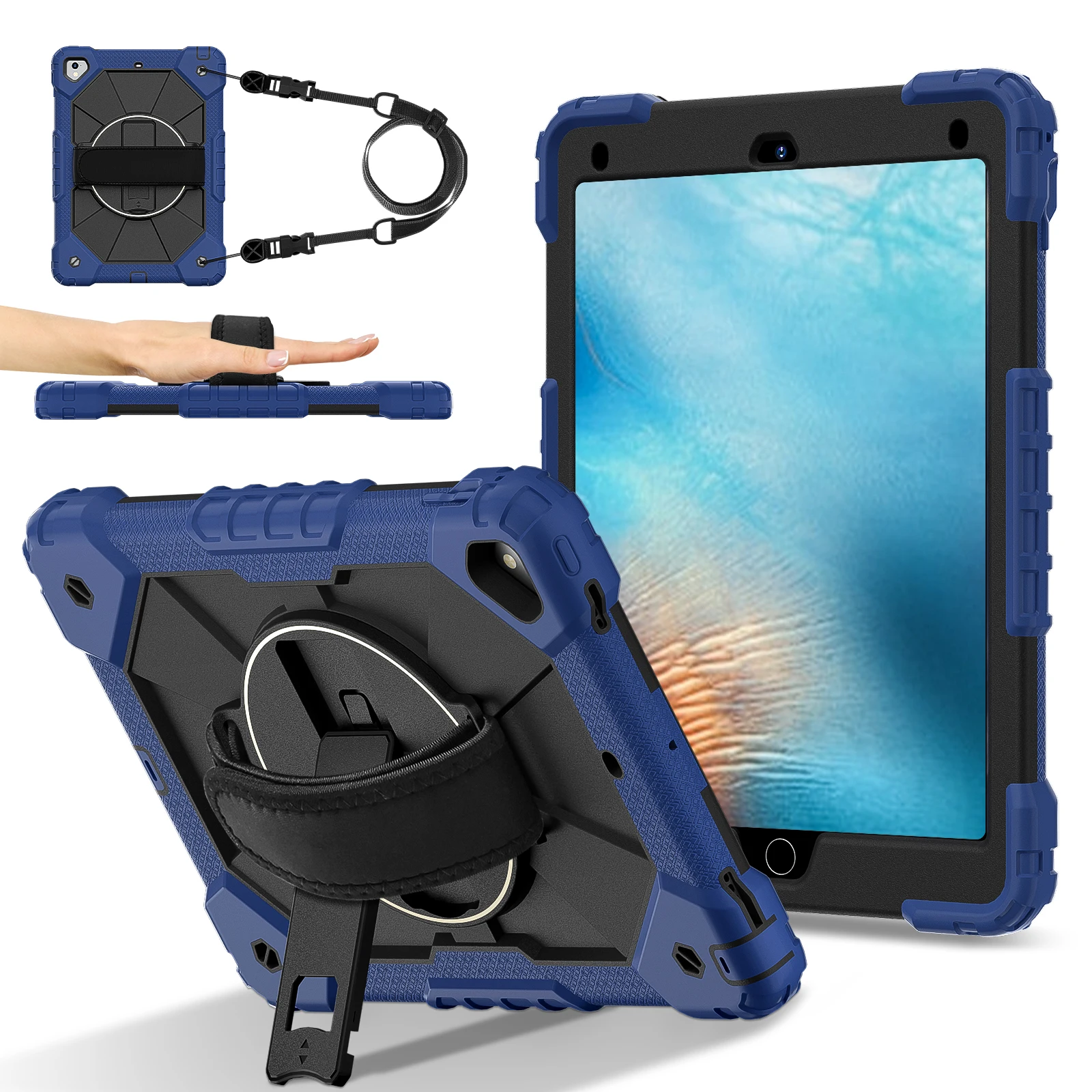 Tablet Case For iPad 9.7-inch (2018) / (2017) / Air 2 Silicone + PC Kickstand Cover with Handy Strap, Shoulder Strap - Navy Blue