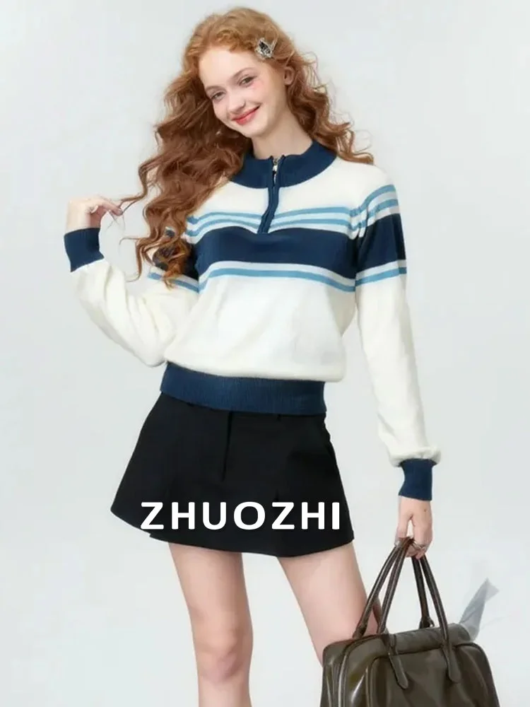 

ZhuoZhi Spor Striped f-Zip Knitwear Faionable Stand Collar Ladies Sweater Regular Fit Soft Fabric Commute Sle Long S...