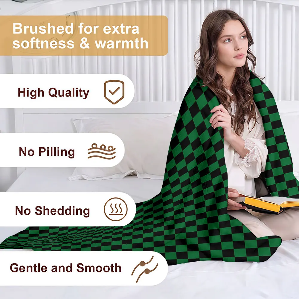 Green Black Checkerboard Soft Warm Flannel Blanket Lightweight Cozy Christmas Halloween Home Decor Room