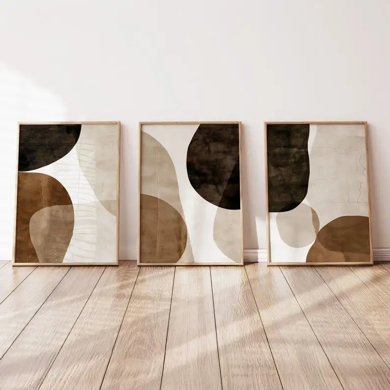 3-teilige abstrakte, smaragdbeige, organisch geformte Leinwand-Wandkunst, ungerahmte braune Galerie-Wanddekoration, Dekoration für Wohnzimmer und Schlafzimmer