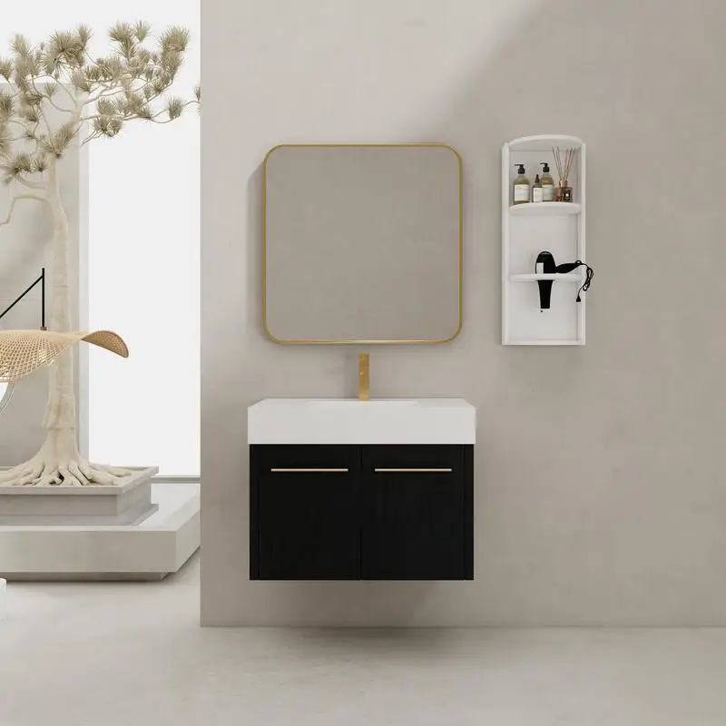 

30" Wall-Mount Bath Vanity w/ Sink & Storage Rack, Thick Edge Resin Basin, KD Package