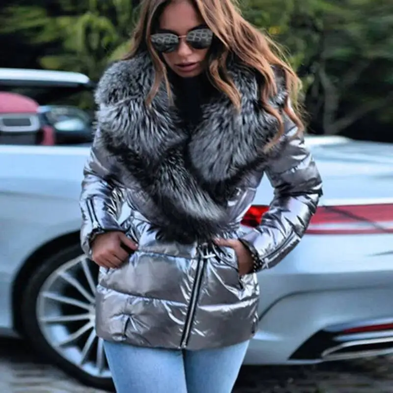 

Ladies Winter Warm Shiny Short Coat Thick Fake Fur Collar Long Sleeve Jacket