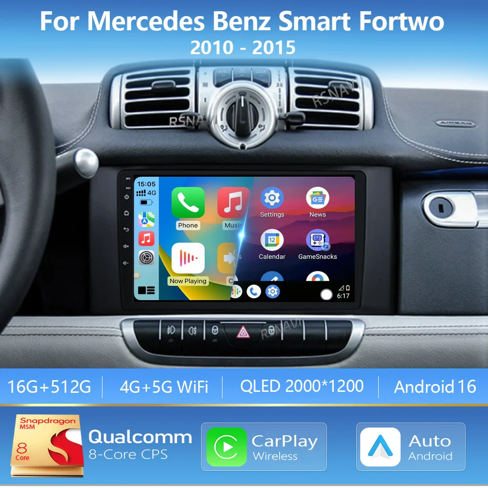 Android 16 Carplay Auto 2K Screen Car Radio Multimedia Video Player For Mercedes Benz Smart Fortwo 2010 - 2015 Autoradio Stereo