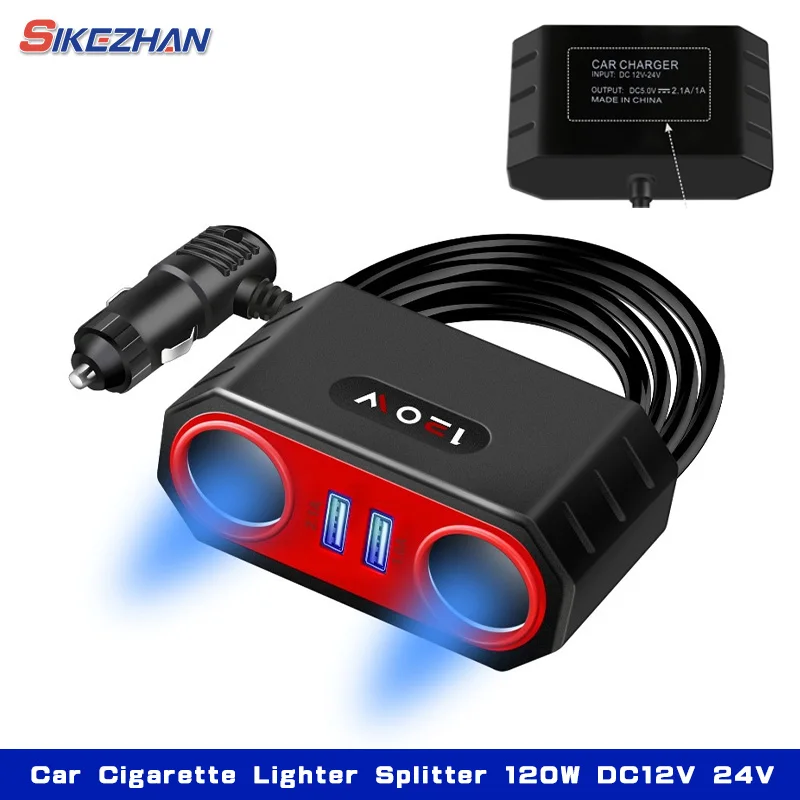 Auto-Zigarettenanzünder-Splitter, 120 W, DC12 V, 24 V, Autoladegerät, Adapter, Dual-USB-LED-Schnellladegerät für Telefon, iPad, GPS, Dashcam