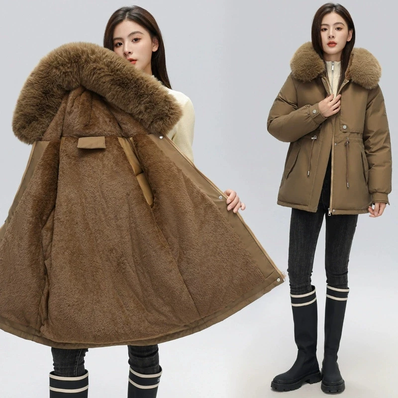 Casaco de inverno 2025 nova jaqueta de algodão grosso feminino médio longo versão coreana gola de pele casaco feminino quente parka