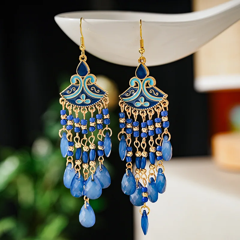 Böhmische mehrfarbige Reis perle Wasser tropfen Ohrringe für Frauen Temperament lange Emaille fächerförmige Ohrring Urlaub Party Schmuck – Detail 7