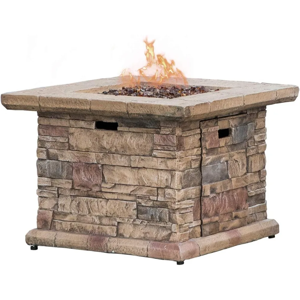 Outdoor Propane Fire Pit Table w Faux Ledgestone 32-inch Square Fire Table, 50,000 BTU Stainless Steel Burner, Free Lava Rocks