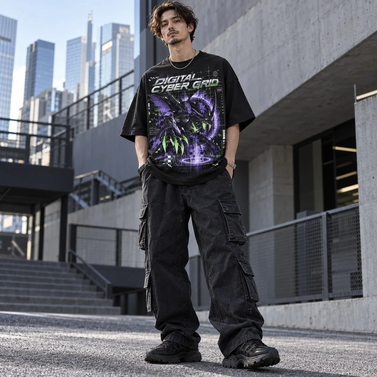 Digimon Mens Graphic T Shirt Digital Cyber Grid Monster Print Black Short Sleeve Anime Cyberpunk Streetwear