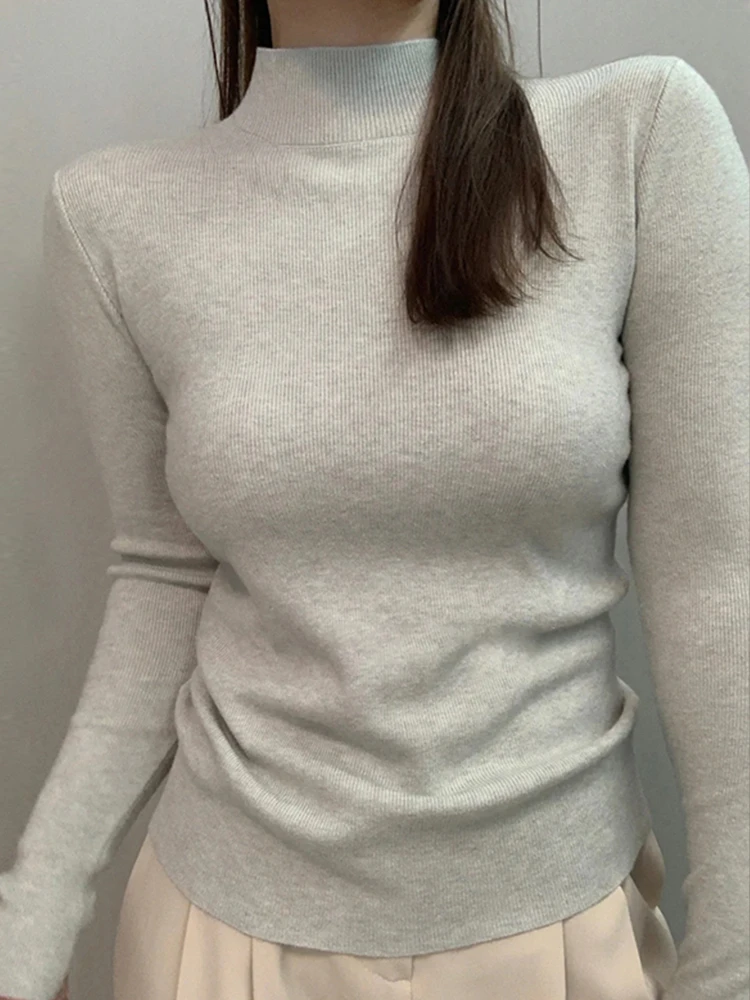 

Ele Thiened f-свитер с высоким воротником и базовым слоем, женский облегающий вязаный топ, внутренняя одежда, милый однотонный длинный све