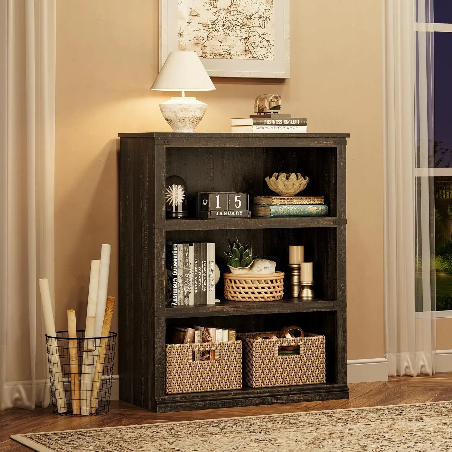 

3 Tier Bookcase, Farmhouse Book Shelf With Storage Open Display Bookshelves, 40"" Low Book Case Wooden 3 Shelf Bookcase Home