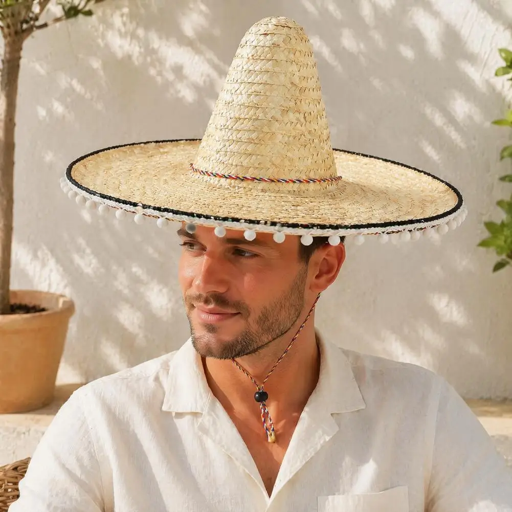 Mexican Sombrero with Colorful Poms, Hawaiian Style Woven Straw Sun Hat, Wide Brim Lightweight Party Costume Hat for Summer Beac