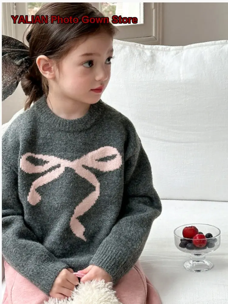 Girls Sweet Bow Knot Thickened Knit Top Children Warm Winter Kids